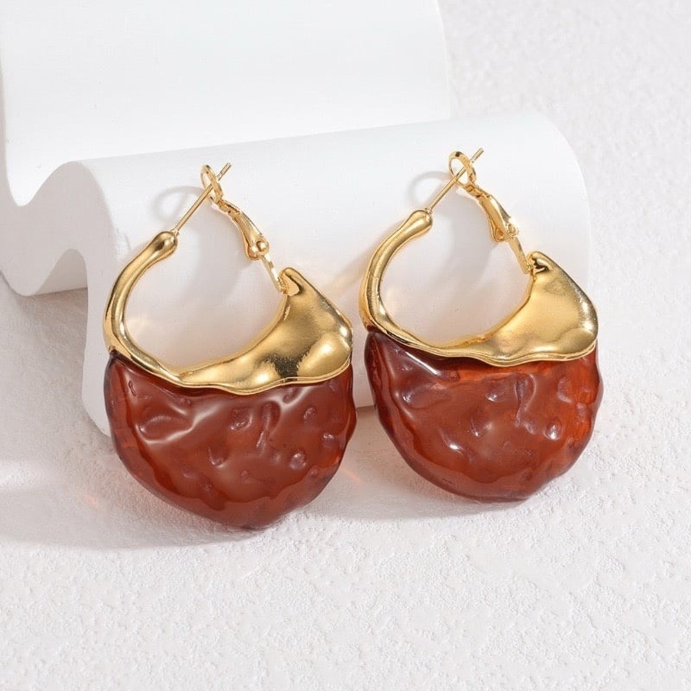 Gold Brown Statement Hoop Earrings 18K PVD Stainless Steel Geometric
